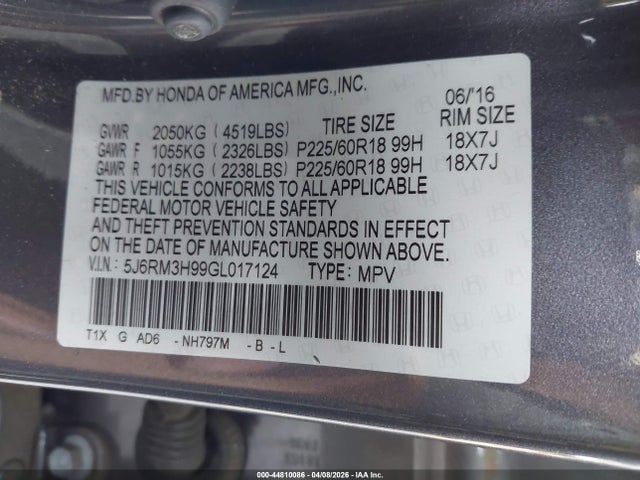 44810086 :رقم المزاد ، 5J6RM3H99GL017124 vin ، 2016 Honda Cr-v Touring مزاد بيع