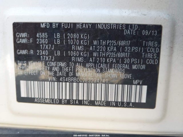 Продаж на аукціоні авто 2014 Subaru Outback 2.5i Premium, vin: 4S4BRBCC2E3234741, номер лоту: 44810102