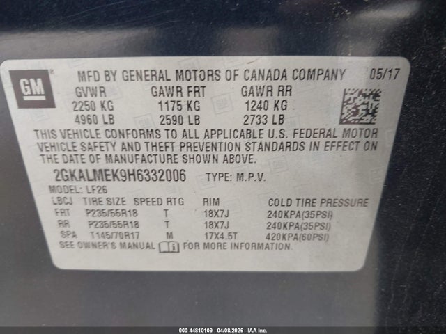 44810109 :رقم المزاد ، 2GKALMEK9H6332006 vin ، 2017 Gmc Terrain Sle-1 مزاد بيع