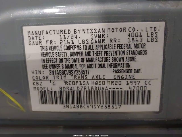 44810116 :رقم المزاد ، 3N1AB8CV9SY258517 vin ، 2025 Nissan Sentra Sv مزاد بيع