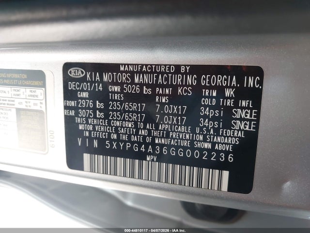5XYPG4A36GG002236 KIA Sorento 2.4l L