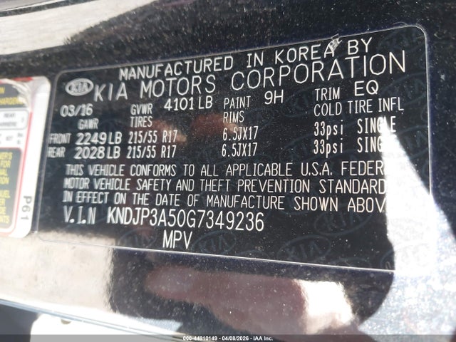 44810149 :رقم المزاد ، KNDJP3A50G7349236 vin ، 2016 Kia Soul + مزاد بيع