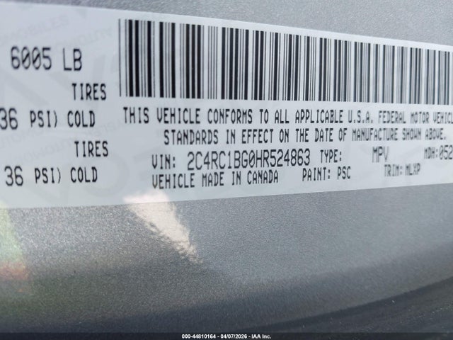 2017 Chrysler Pacifica Touring-l მანქანა იყიდება აუქციონზე, vin: 2C4RC1BG0HR524863, აუქციონის ნომერი: 44810164