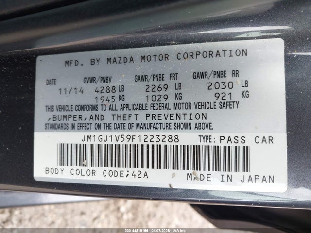 Aukcja sprzedaży 2015 Mazda Mazda6 I Touring, vin: JM1GJ1V59F1223288, numer aukcji: 44810166