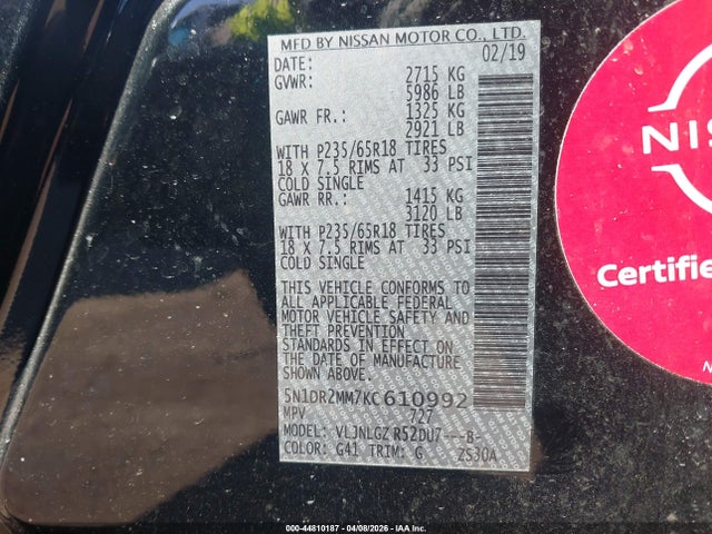 Продажа на аукционе авто 2019 Nissan Pathfinder Sl, vin: 5N1DR2MM7KC610992, номер лота: 44810187
