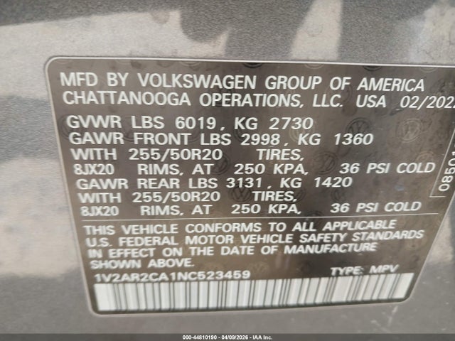 Aukcja sprzedaży 2022 Volkswagen Atlas 3.6l V6 Sel R-line, vin: 1V2AR2CA1NC523459, numer aukcji: 44810190