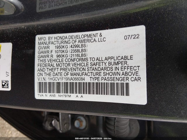 Aukcja sprzedaży 2022 Honda Accord Lx, vin: 1HGCV1F19NA066084, numer aukcji: 44810193