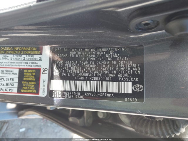 2013 Toyota Camry Le მანქანა იყიდება აუქციონზე, vin: 4T4BF1FK2DR301102, აუქციონის ნომერი: 44810194