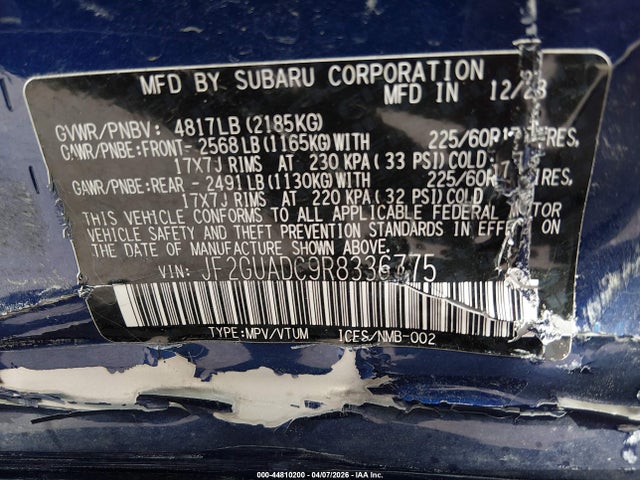Aukcja sprzedaży 2024 Subaru Crosstrek Premium, vin: JF2GUADC9R8336775, numer aukcji: 44810200