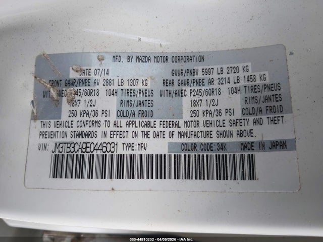 Aukcja sprzedaży 2014 Mazda Cx-9 Touring, vin: JM3TB3CA9E0446031, numer aukcji: 44810202