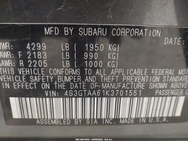 Auction sale of the 2019 Subaru Impreza 2.0i, vin: 4S3GTAA61K3701551, lot number: 44810204