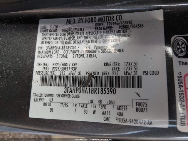 44810217 :رقم المزاد ، 3FAHP0HA1BR185390 vin ، 2011 Ford Fusion Se مزاد بيع