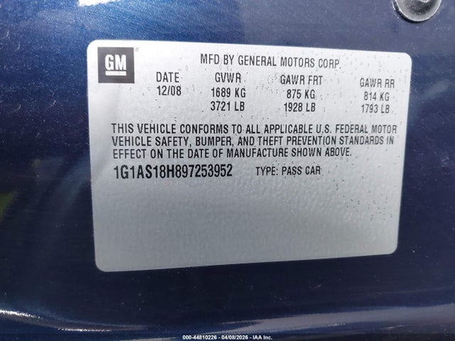 Aukcja sprzedaży 2009 Chevrolet Cobalt Ls, vin: 1G1AS18H897253952, numer aukcji: 44810226