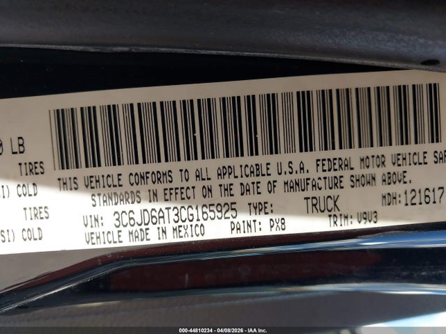 Продаж на аукціоні авто 2012 Ram 1500 St, vin: 3C6JD6AT3CG165925, номер лоту: 44810234