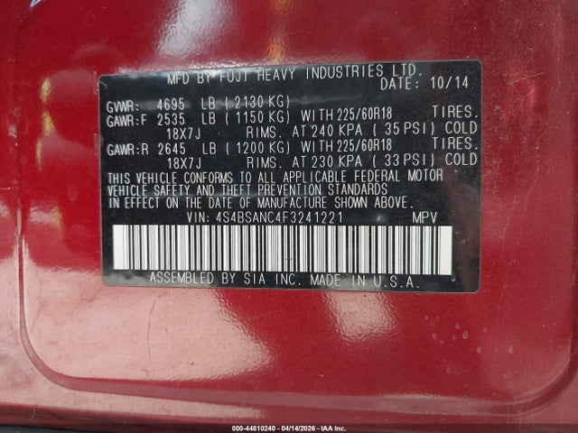 4S4BSANC4F3241221 Subaru Outback 2.5i Limited