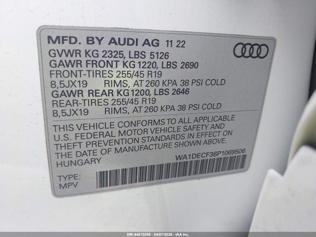 44810250 :رقم المزاد ، WA1DECF36P1069506 vin ، 2023 Audi Q3 Premium 45 Tfsi S Line Quattro Tiptronic مزاد بيع