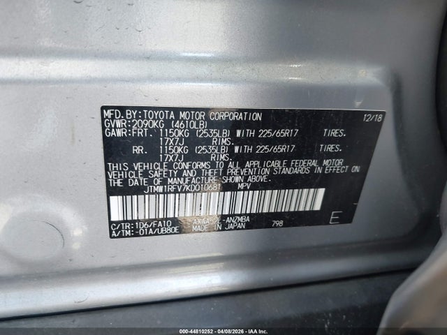 Aukcja sprzedaży 2019 Toyota Rav4 Xle, vin: JTMW1RFV7KD010681, numer aukcji: 44810252