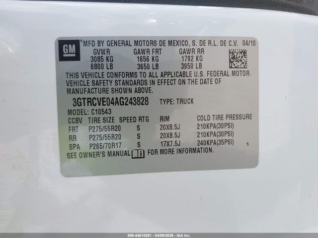 Aukcja sprzedaży 2010 Gmc Sierra 1500 Sle, vin: 3GTRCVE04AG243828, numer aukcji: 44810261