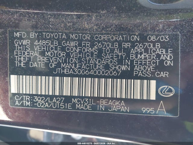 Продаж на аукціоні авто 2004 Lexus Es 330, vin: JTHBA30G640002067, номер лоту: 44810275