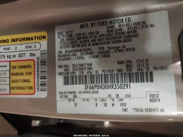 Продажа на аукционе авто 2017 Ford Fusion Se, vin: 3FA6P0HD0HR350291, номер лота: 44810300