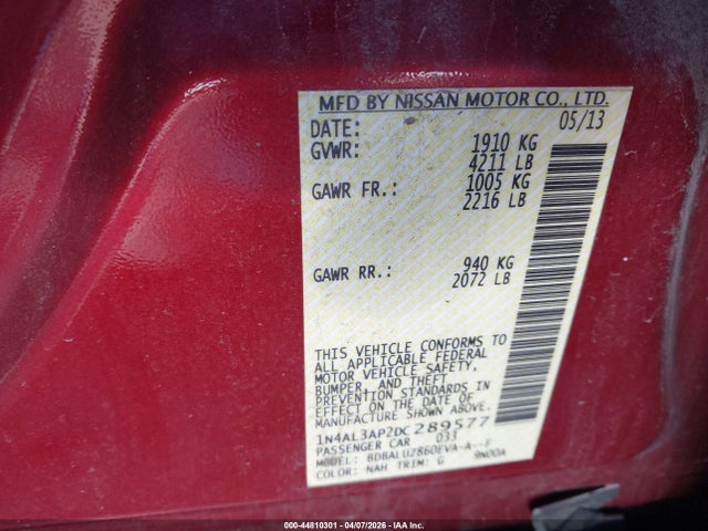 Продаж на аукціоні авто 2013 Nissan Altima 2.5 Sv, vin: 1N4AL3AP2DC289577, номер лоту: 44810301