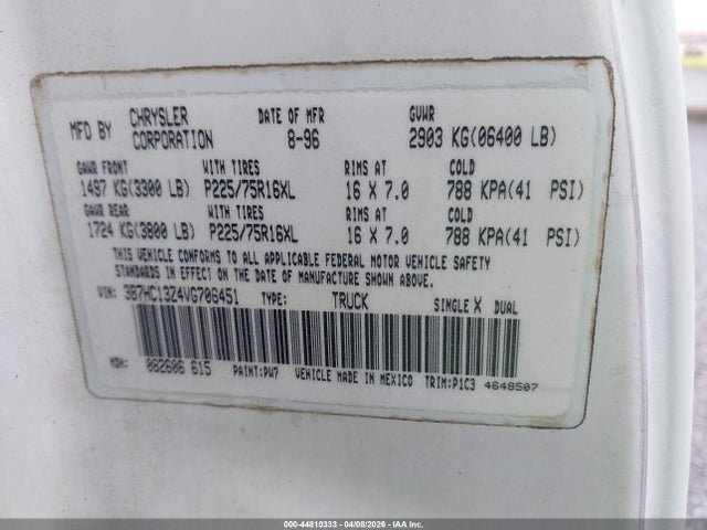 Продажа на аукционе авто 1997 Dodge Ram 1500 St, vin: 3B7HC13Z4VG706451, номер лота: 44810333