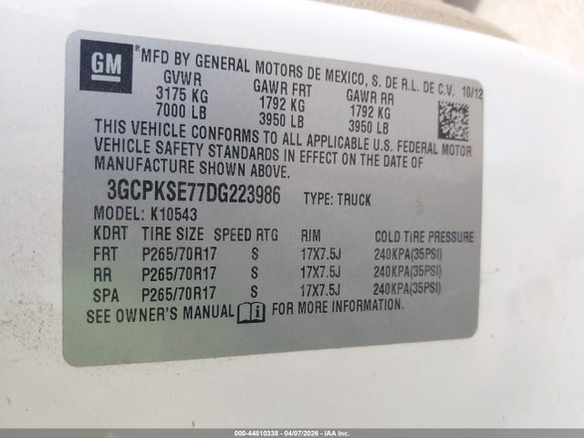 Aukcja sprzedaży 2013 Chevrolet Silverado 1500 Lt, vin: 3GCPKSE77DG223986, numer aukcji: 44810338