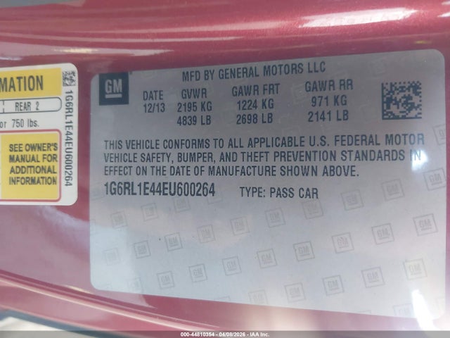 Продажа на аукционе авто 2014 Cadillac Elr Standard, vin: 1G6RL1E44EU600264, номер лота: 44810354