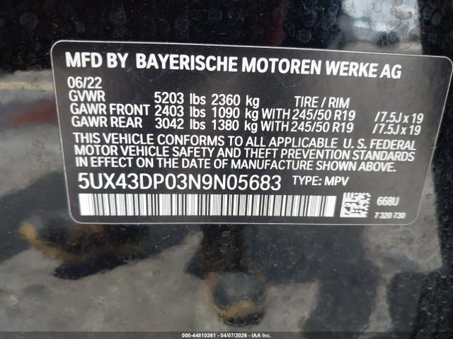 2022 Bmw X3 Sdrive30i მანქანა იყიდება აუქციონზე, vin: 5UX43DP03N9N05683, აუქციონის ნომერი: 44810361