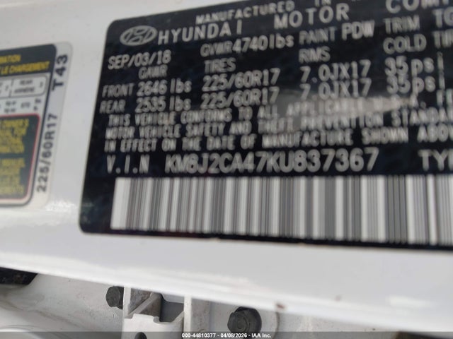 44810377 :رقم المزاد ، KM8J2CA47KU837367 vin ، 2019 Hyundai Tucson Se مزاد بيع
