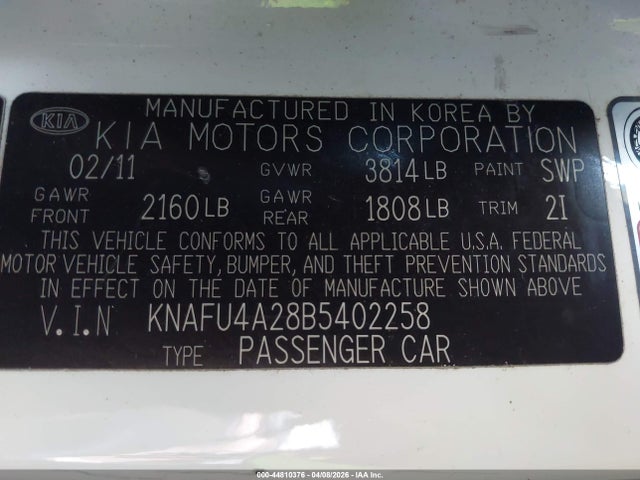 Продажа на аукционе авто 2011 Kia Forte Ex, vin: KNAFU4A28B5402258, номер лота: 44810376