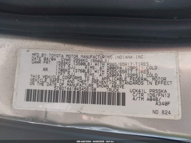 Продаж на аукціоні авто 2004 Toyota Tundra Sr5 V8, vin: 5TBDT44104S456160, номер лоту: 44810384