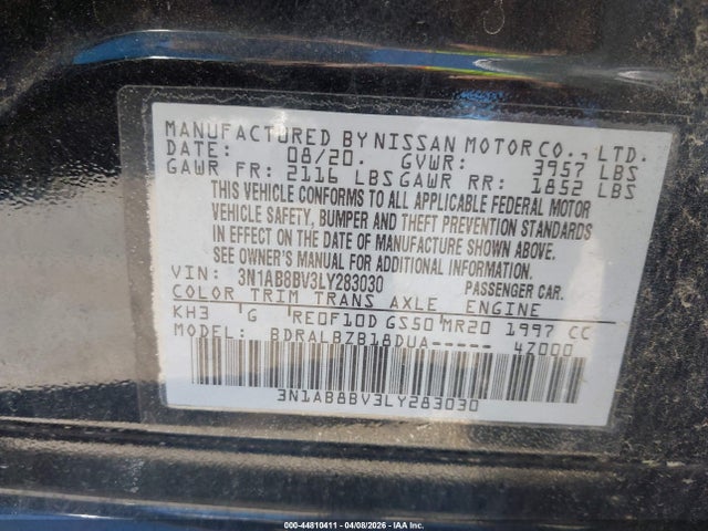 2020 Nissan Sentra S Xtronic Cvt მანქანა იყიდება აუქციონზე, vin: 3N1AB8BV3LY283030, აუქციონის ნომერი: 44810411