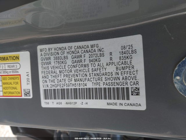 Продажа на аукционе авто 2026 Honda Civic Sport, vin: 2HGFE2F59TH518104, номер лота: 44810412