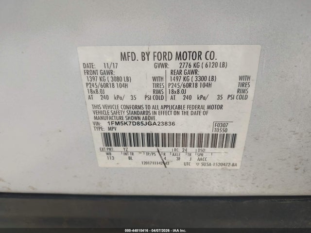 Продажа на аукционе авто 2018 Ford Explorer Xlt, vin: 1FM5K7D85JGA23836, номер лота: 44810416