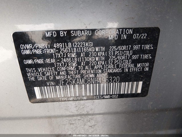 Продаж на аукціоні авто 2022 Subaru Forester Wilderness, vin: JF2SKAMC8NH496320, номер лоту: 44810421