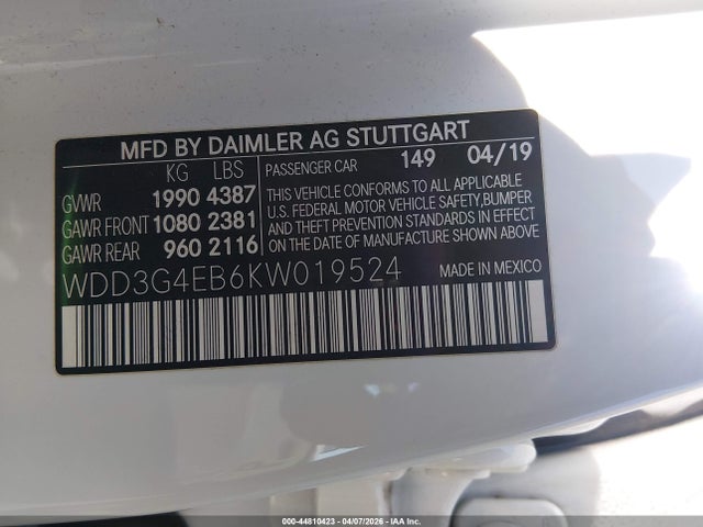 2019 Mercedes-benz A 220 მანქანა იყიდება აუქციონზე, vin: WDD3G4EB6KW019524, აუქციონის ნომერი: 44810423