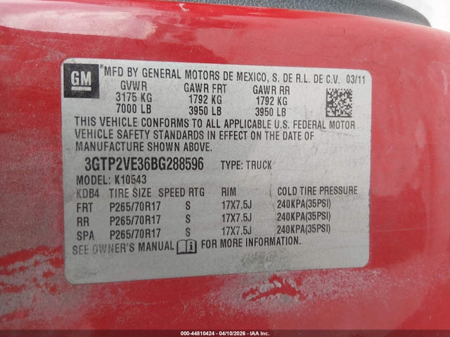 44810424 :رقم المزاد ، 3GTP2VE36BG288596 vin ، 2011 Gmc Sierra 1500 Sle مزاد بيع
