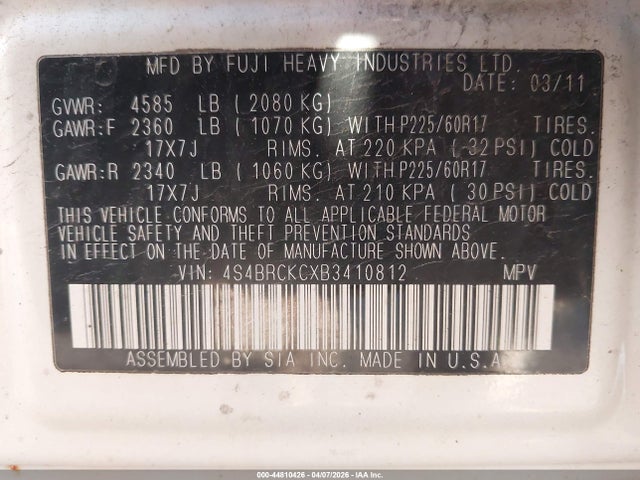 Продаж на аукціоні авто 2011 Subaru Outback 2.5i Limited, vin: 4S4BRCKCXB3410812, номер лоту: 44810426