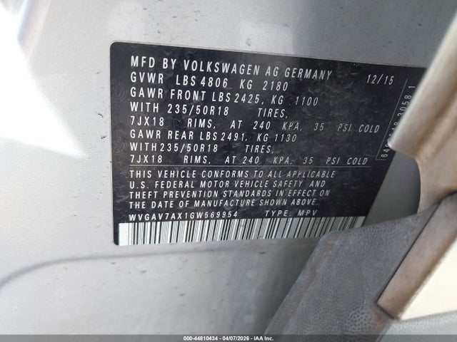 Продаж на аукціоні авто 2016 Volkswagen Tiguan Se, vin: WVGAV7AX1GW569954, номер лоту: 44810434
