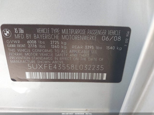 Aukcja sprzedaży 2008 Bmw X5 3.0si, vin: 5UXFE43558L032235, numer aukcji: 44810437