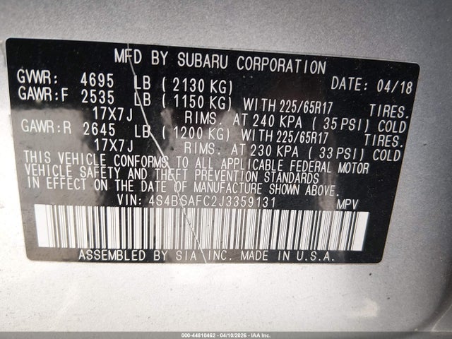 Aukcja sprzedaży 2018 Subaru Outback 2.5i Premium, vin: 4S4BSAFC2J3359131, numer aukcji: 44810462