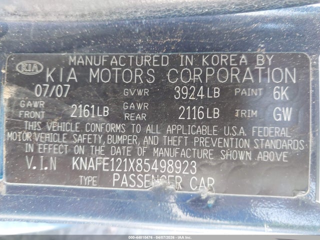 Продаж на аукціоні авто 2008 Kia Spectra Ex, vin: KNAFE121X85498923, номер лоту: 44810476
