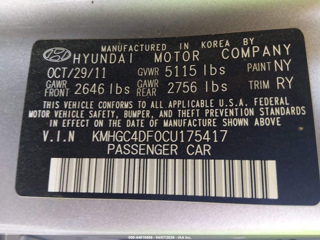 44810486 :رقم المزاد ، KMHGC4DF0CU175417 vin ، 2012 Hyundai Genesis 4.6 مزاد بيع