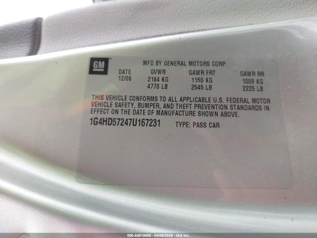 Продаж на аукціоні авто 2007 Buick Lucerne Cxl, vin: 1G4HD57247U167231, номер лоту: 44810495