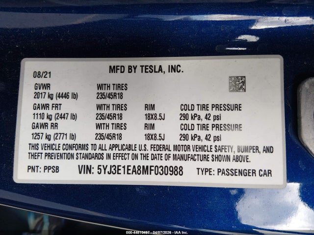 Aukcja sprzedaży 2021 Tesla Model 3 Standard Range Plus Rear-wheel Drive, vin: 5YJ3E1EA8MF030988, numer aukcji: 44810497
