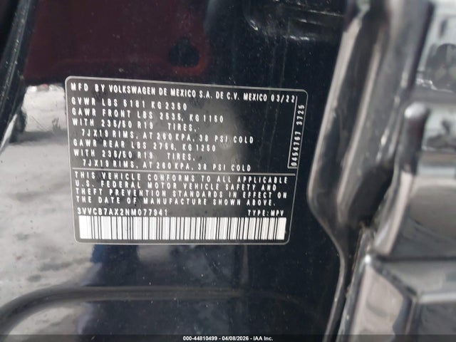 2022 Volkswagen Tiguan 2.0t Se R-line Black მანქანა იყიდება აუქციონზე, vin: 3VVCB7AX2NM077941, აუქციონის ნომერი: 44810499