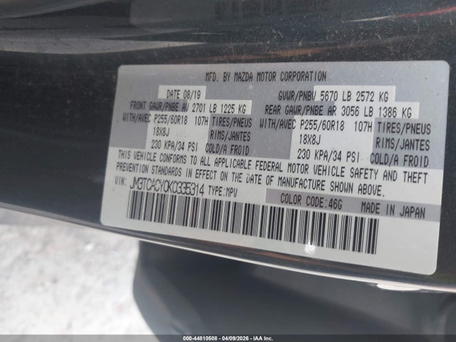 Aukcja sprzedaży 2019 Mazda Cx-9 Touring, vin: JM3TCACY0K0335314, numer aukcji: 44810508
