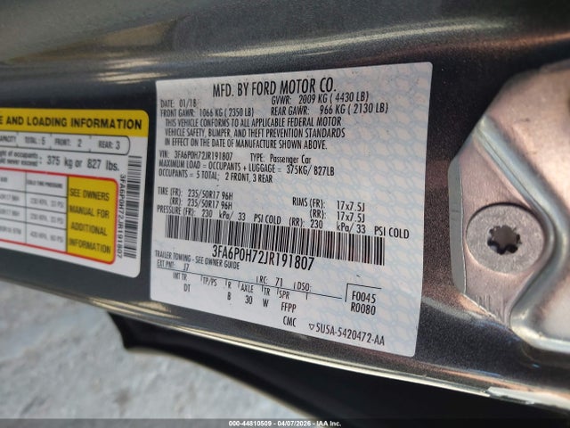 2018 Ford Fusion Se მანქანა იყიდება აუქციონზე, vin: 3FA6P0H72JR191807, აუქციონის ნომერი: 44810509