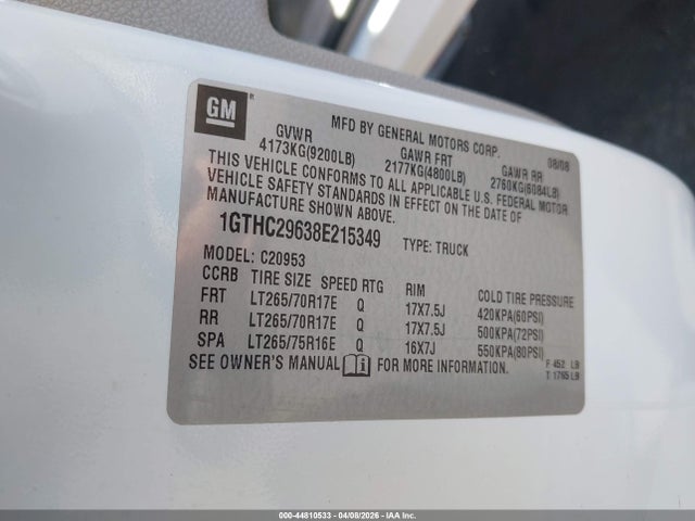 44810533 :رقم المزاد ، 1GTHC29638E215349 vin ، 2008 Gmc Sierra 2500hd Sle2 مزاد بيع
